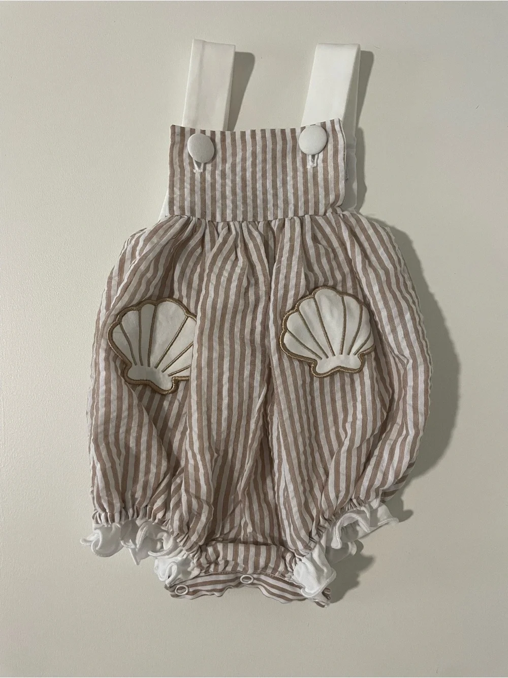 Busy Bee Smocks - Striped Shell Appliqué Baby Bubble Romper - Cream and Tan